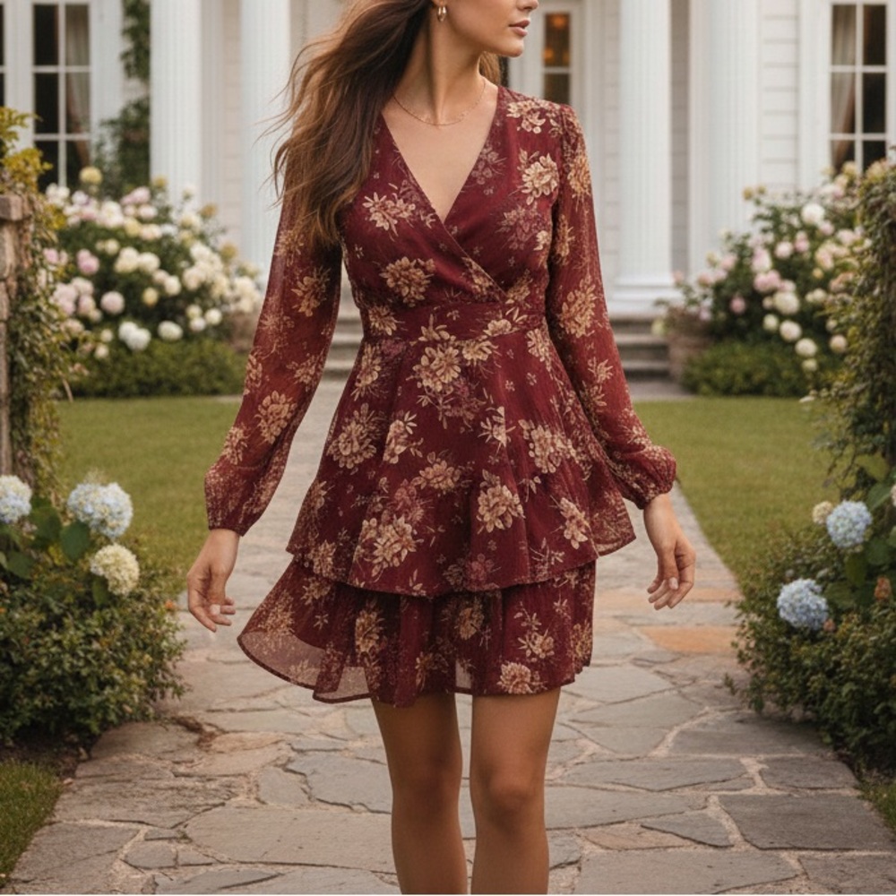 Womens Floral Split V Neck Ruffle Chiffon Elegant Mini Short Skirt Dress